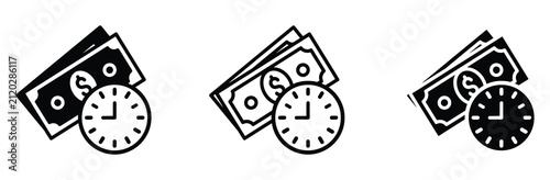 WebMoney and clock vector icon set, time is money financial symbol for loan deposit history payment deadline credit tax return refund interest investment insurance savings, flat linear outline style