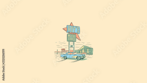 Картината върху платно Nostalgic retro illustration featuring a classic blue vintage car parked in front of a historic roadside motel and cafe neon sign in the desert, mid-century modern Americana aesthetic