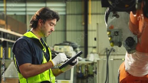 Industrial engineer inspecting a robotic arm machine in an automated manufacturing factory, robotics, automation, smart manufacturing, machine maintenance, quality control and Industry 4.0 technology.