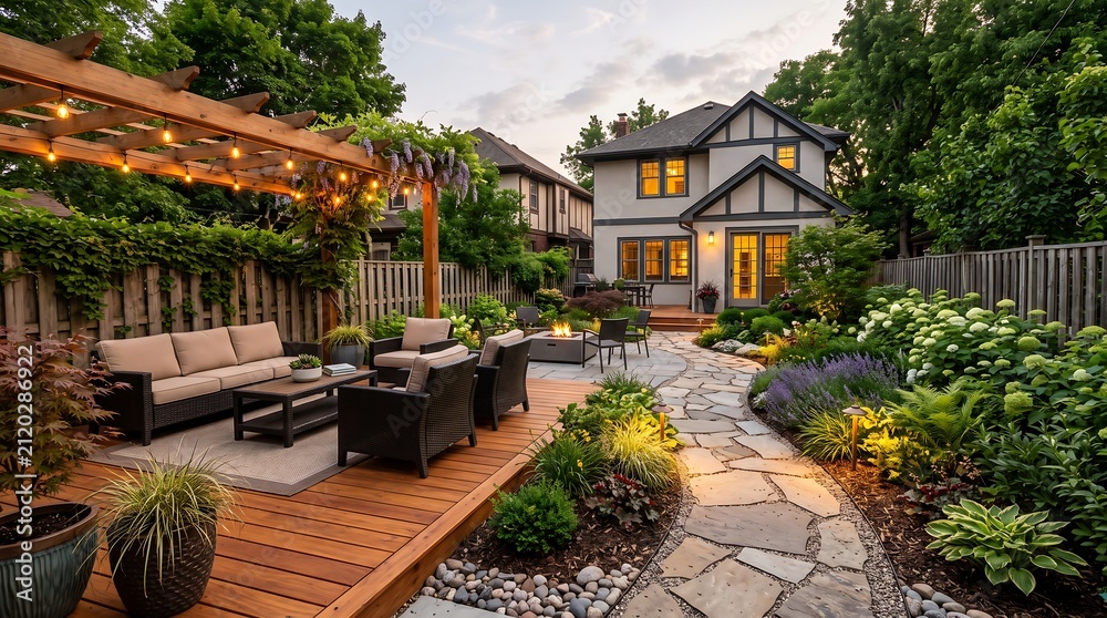 Fototapeta premium Modern backyard patio with cozy seating and lush greenery at a stylish home