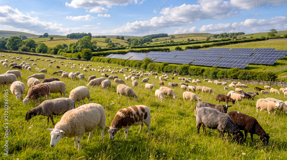 Fototapeta premium Flock of sheep grazing on lush green hills beside solar panels, blending agriculture, renewable energy, and sustainability