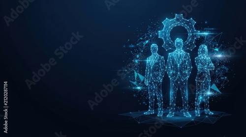 Illuminated digital team silhouettes with gear icon, glowing particles, dark background, studio lighting, futuristic mood. Ideal for tech and innovation concepts.