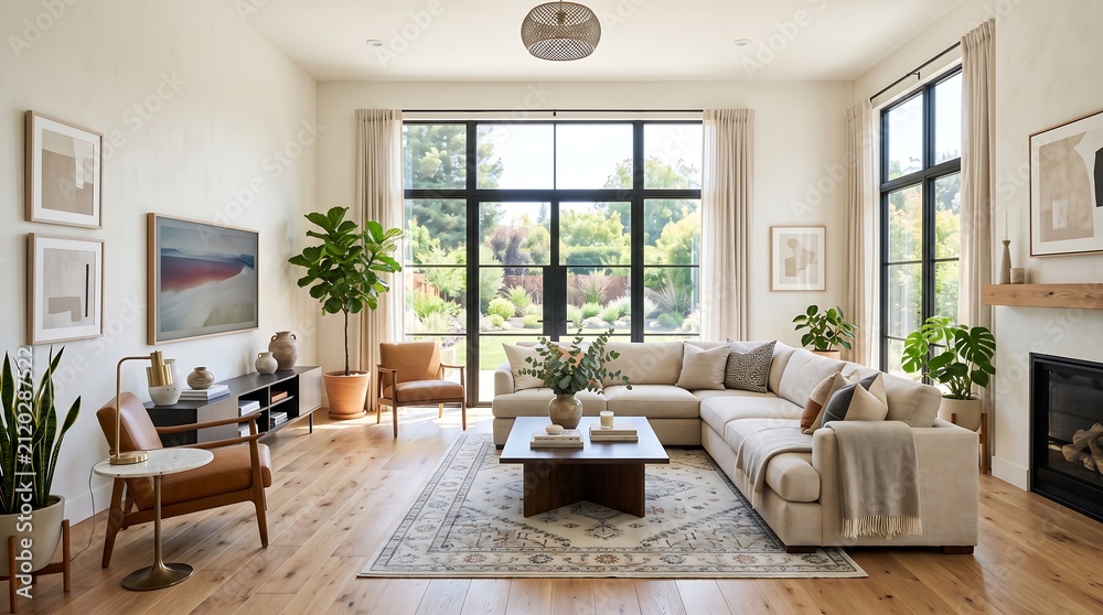 Fototapeta premium Modern living room with large windows and cozy seating area
