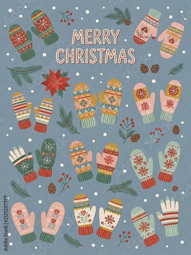 Merry Christmas Pattern With Festive Mittens, Floral Gloves, Poinsettia and Pine Branches