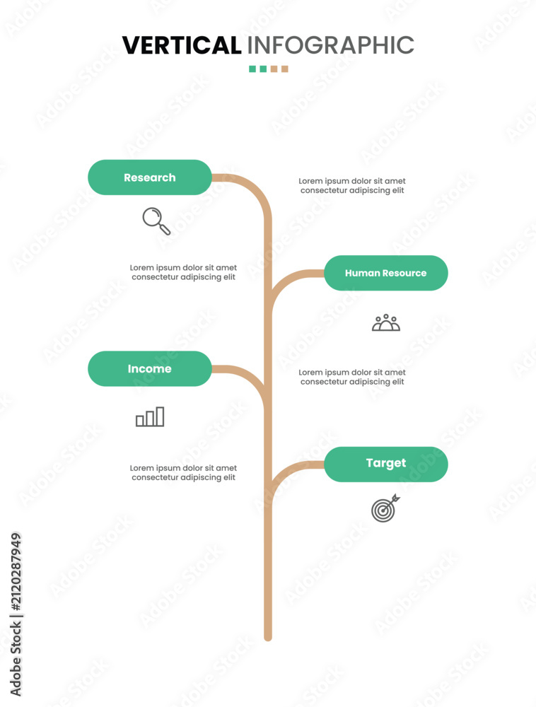Obraz premium Vertical timeline infographic branching 4 options, step, process presentation template