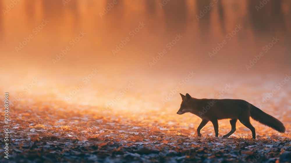 Fototapeta premium 秋の森を歩くキツネ 朝霧 夕景 野生動物 コピースペース