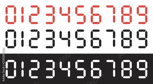 Set of digital seven-segment display numbers from zero to nine in red, black, and white colors on contrasting backgrounds