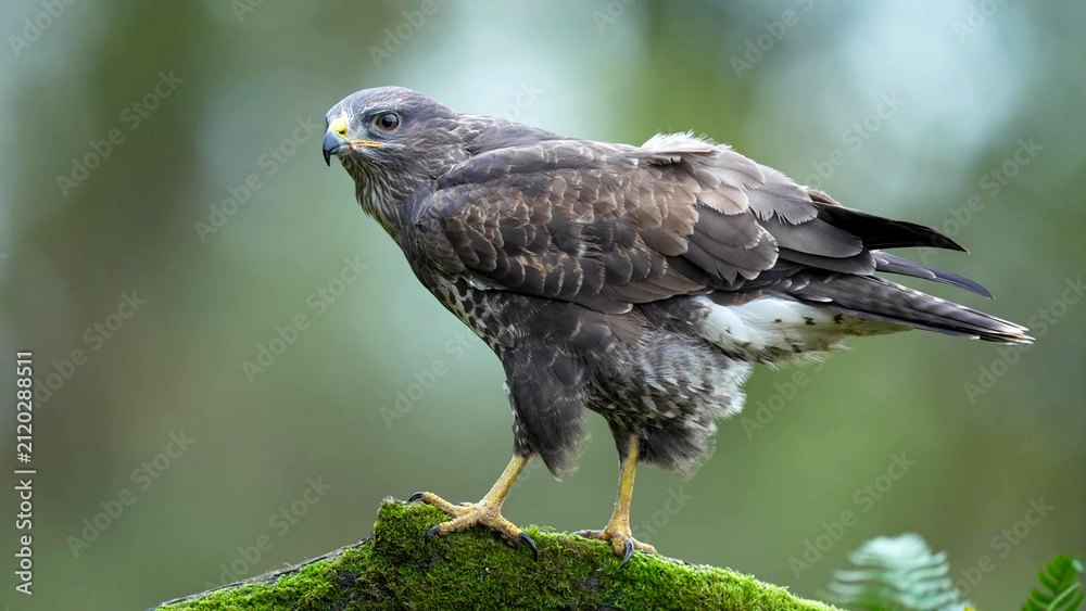 Fototapeta premium Common Buzzard (Buteo buteo) perched on moss-covered rock in woodland, Staffordshire, England