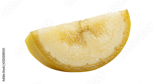 Sliced lemon citrus fruit segment isolated on transparent background close up view image.
