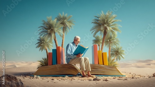 Elderly man reading a book on a giant open book in a desert oasis surrounded by palm trees and colorful books symbolizing knowledge and escape