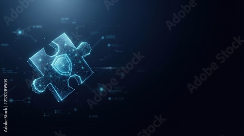 Digital puzzle piece with shield icon, glowing blue, set against futuristic circuit pattern. Studio lighting highlights high-contrast elements for tech-focused mood.