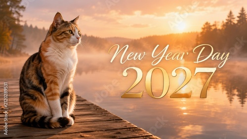cat sits on a wooden dock by a misty lake at sunrise, with 