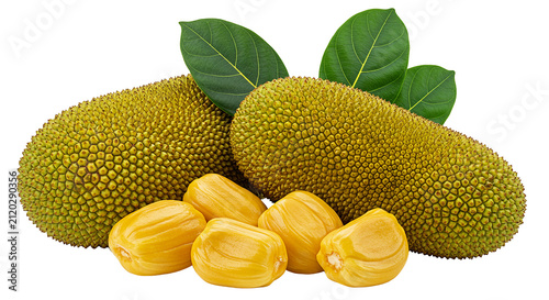 Fresh whole jackfruit with green leaves and peeled arils on transparent background.