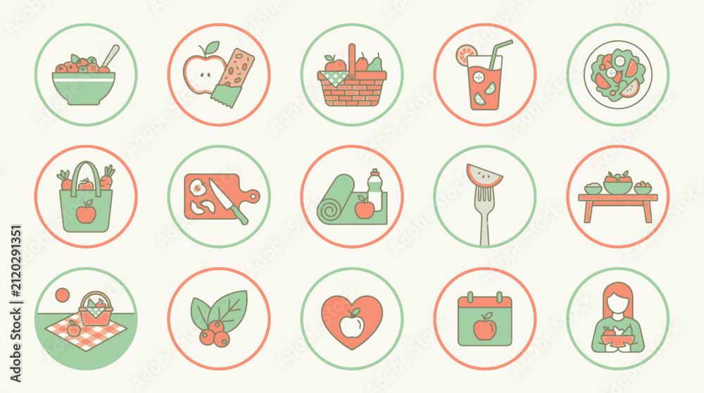 Fototapeta premium Healthy food and lifestyle circle icon set.