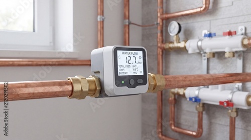 Digital Smart Water Meter Installed on Copper Plumbing Pipes at Home