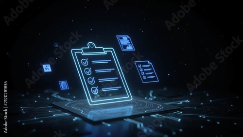 Glowing digital checklist icon on a microchip with surrounding data documents in a dark futuristic setting