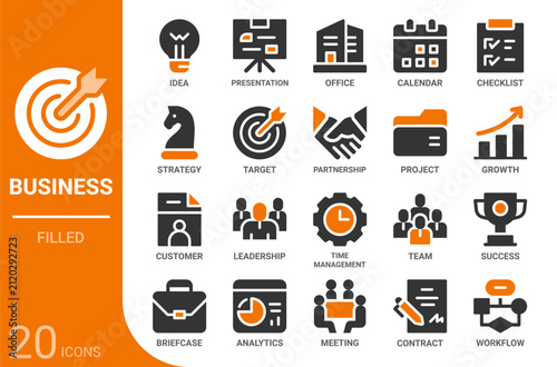 business filled glyph icon collection for web, app, UI, UX, dashboard, presentation and infographic and print design