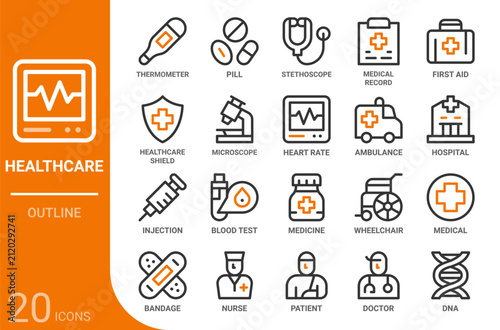 healthcare and medical outline icon collection for web, app, UI, UX, dashboard, presentation and infographic and print design