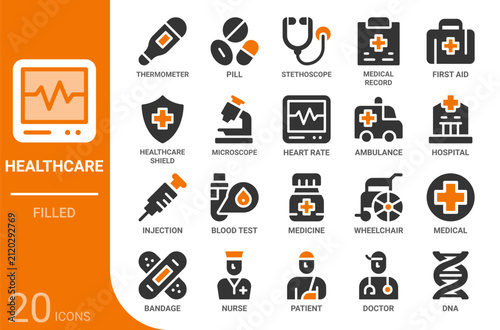 healthcare and medical filled glyph icon collection for web, app, UI, UX, dashboard, presentation and infographic and print design