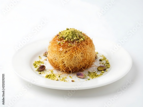 A delicious middle eastern dessert known as kunafa or knafeh, featuring crispy shredded phyllo dough topped with crushed pistachios, isolated on white background