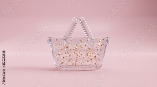 Pink Woven Shopping Basket on Soft Pink Background Commerce Concept