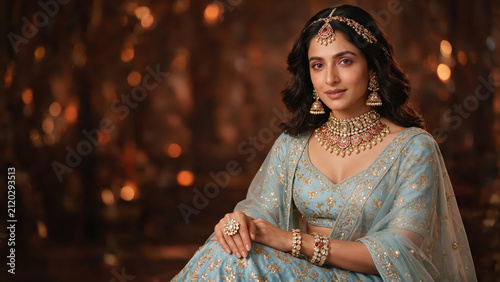 happy young indian woman wearing traditional lehenga and jwelery