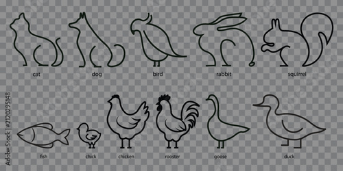 Canvas Print minimal-line-animal-icons-cat-dog-bird-rabbit-squirrel-farm-vector-set