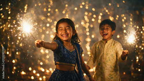 happy indian brother and sister celebrating diwali festival together at home