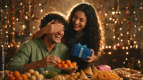 young Indian couple holding gift box together on traditional festival at home