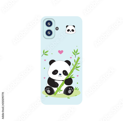 Cute Panda Bamboo Phone Case Design Flat Vector Illustration.