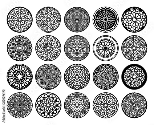 Circular geometric mandala ornaments set featuring traditional islamic star patterns and decorative lace motifs in vector line art style