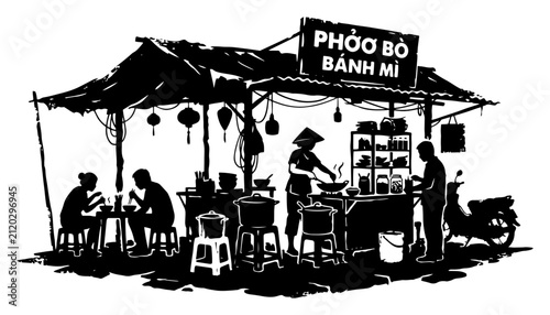 Outdoor vietnamese street food stall with people eating at small tables in traditional woodcut style
