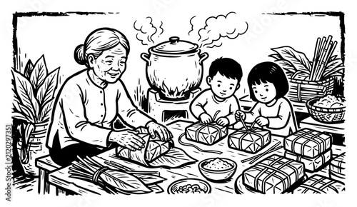 Grandmother teaching children how to wrap traditional rice cakes in kitchen woodcut style