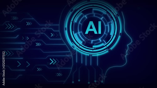 Artificial intelligence tech animation displays human head silhouettes over blue lines. Intelligence tech smart brain layout provides futuristic electronic computing loops. Tech animation looks clean.