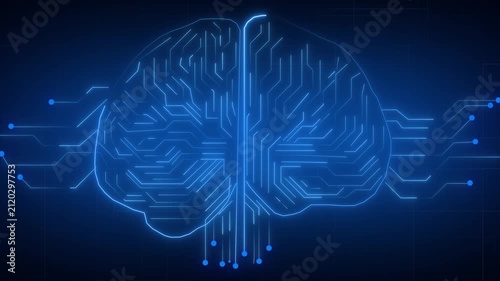 Technology concept brain animation displays futuristic blue neon circuit tracking. Concept brain digital system illustrates smart cognitive processor units. Brain animation template looks modern.