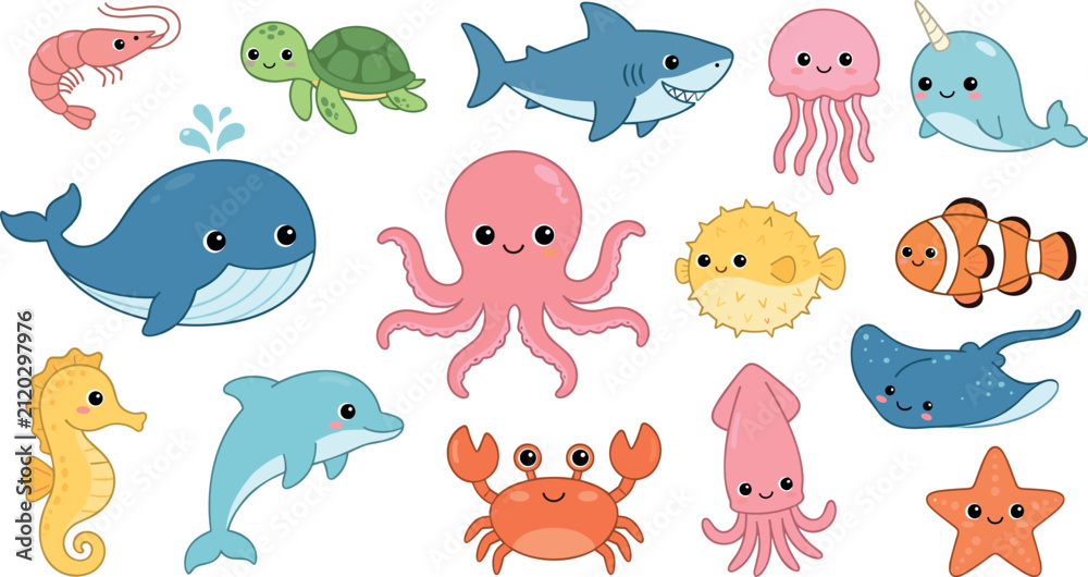 Fototapeta premium Cute Cartoon Sea Animal Vector Icon Set with Octopus Whale Shark Dolphin and Turtle for Under the Sea Nursery Decor and Sticker Graphic Designs