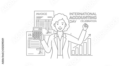 A professional female accountant celebrating International Accounting Day with financial documents and a calculator.