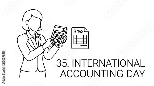 Line art illustration of a professional accountant calculating tax documents for International Accounting Day.