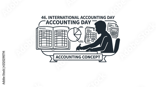 A black and white line art illustration celebrating International Accounting Day with an accountant working at a desk.