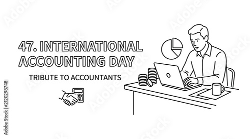 Line art illustration of a professional accountant working at a desk on International Accounting Day.