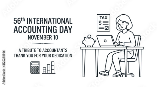 A line art illustration of an accountant working at a desk on International Accounting Day.