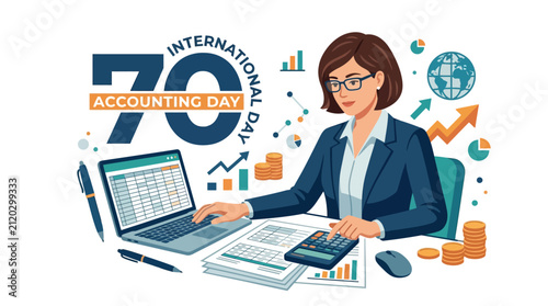 A professional female accountant working at her desk with a laptop and calculator.