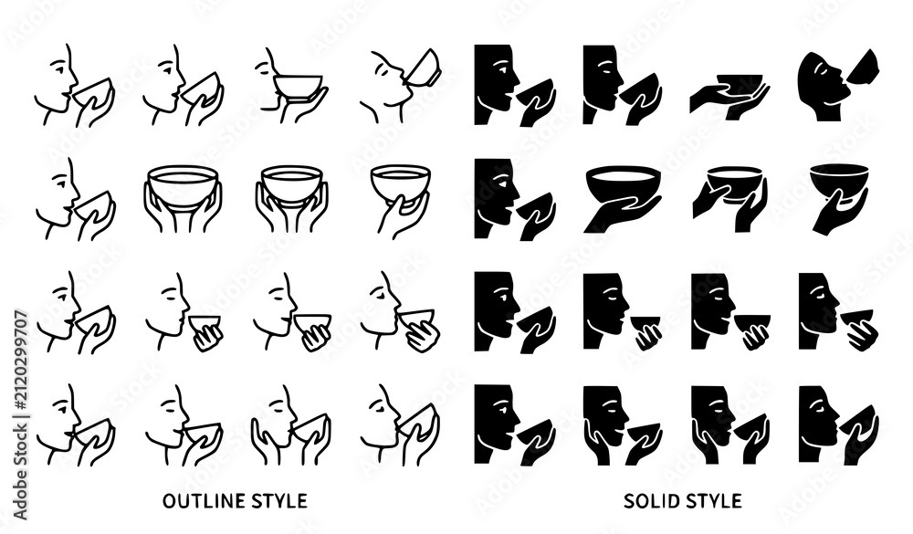 Obraz premium Drinking from Bowl Pictogram Icon Pack Outline and Solid Vector