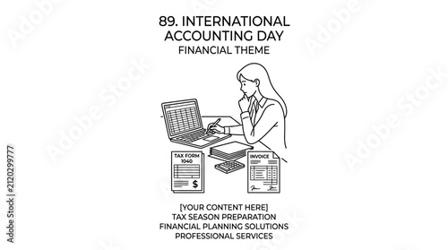 Line art illustration of a professional accountant working at a desk with financial documents.