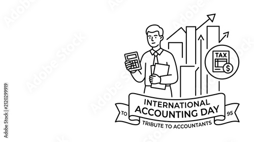 Line art illustration of a professional accountant celebrating International Accounting Day.
