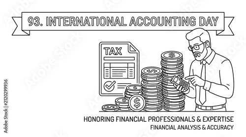 Line art illustration of an accountant working with tax documents and stacks of coins.
