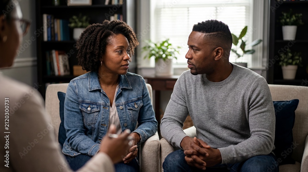 Obraz premium couples therapy relationship counseling support mental health healing trust communication built for educational context with portrait african american couple 40s wife detail shows a couple in with
