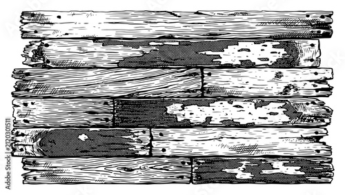 Weathered wood planks with distressed texture and peeling paint in vintage engraving style