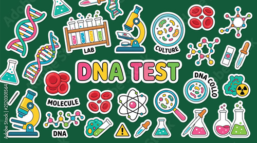 Colorful science vector sticker set featuring dna and lab equipment