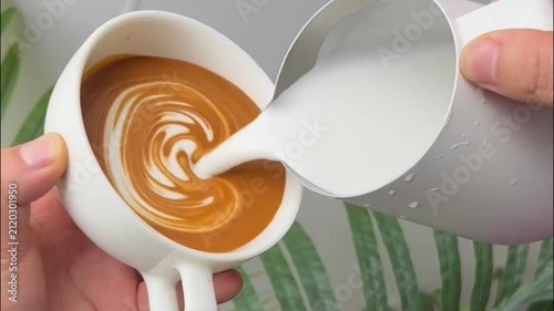 Barista pouring steamed milk from white pitcher into ceramic cup to create detailed tulip latte art pattern